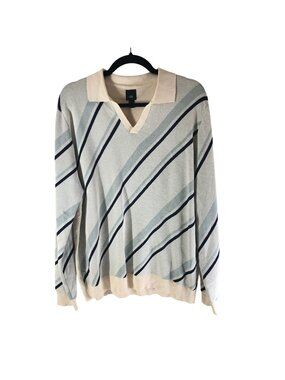 River Island Mens XL Beige Striped V-Neck Collared Lightweight Sweater